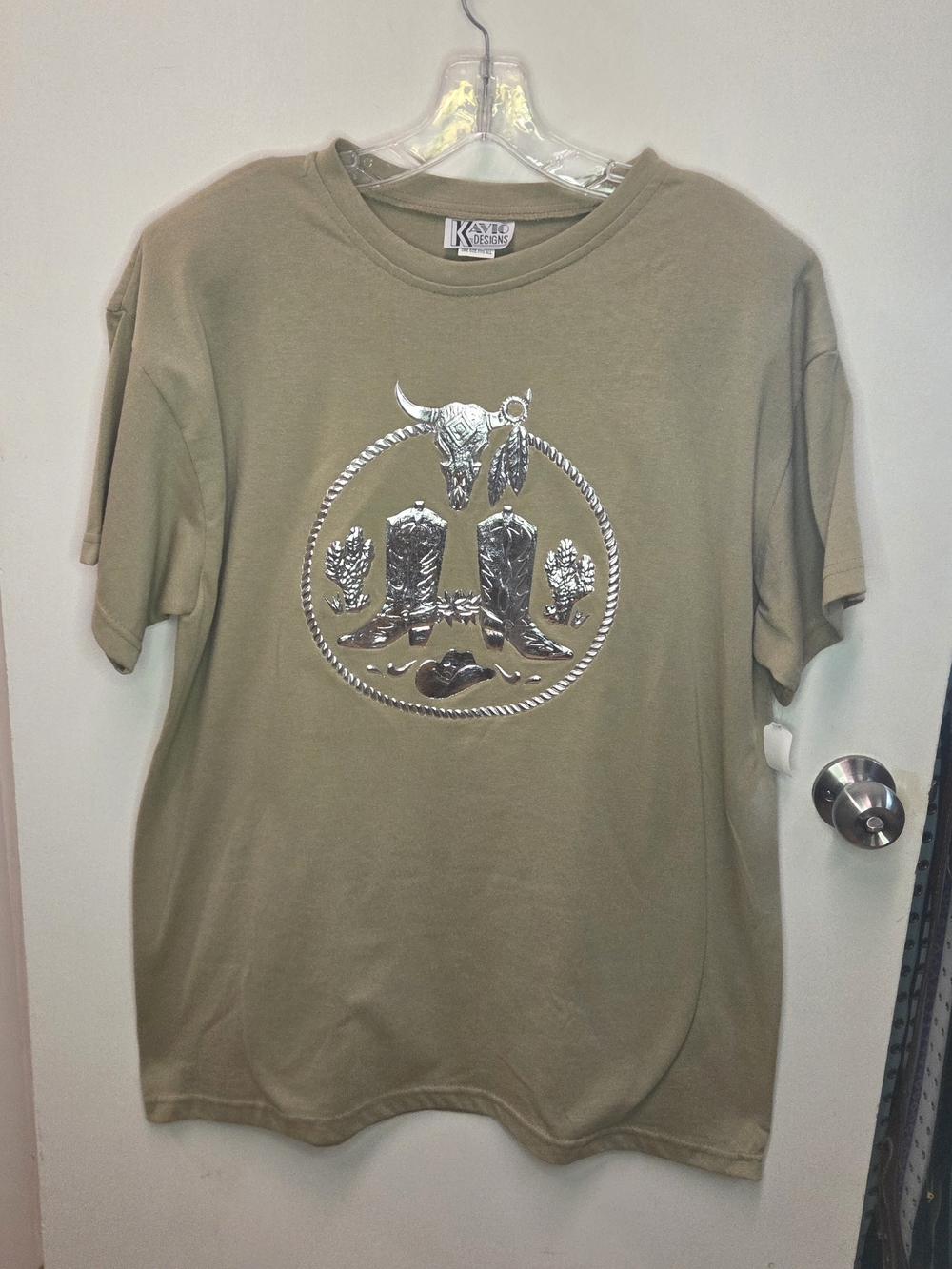 Kavio Olive Green Short Sleeve Tee with Metallic Cowboy Boot Graphic